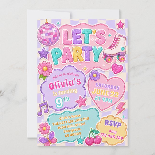 Pastell Glitter Retro Födelsedagsfest Inbjudningar (Framsida)
