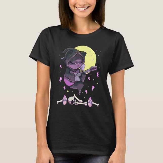 Pastell Goth Dödsängel Katt Spelar Gitarr T Shirt (Framsida)