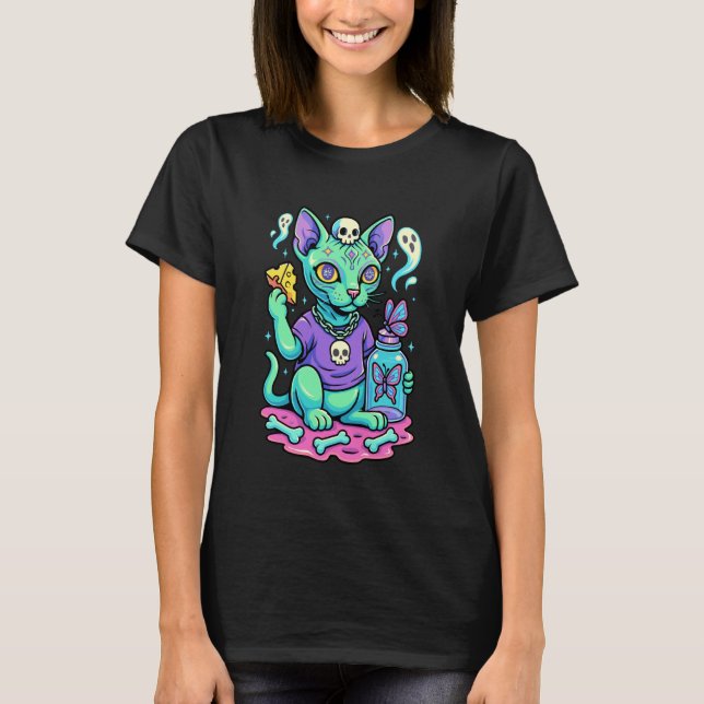 Pastell Goth Hårfri Katt T Shirt (Framsida)