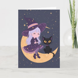 Pastell Goth-häxa och katt Halloween-kort 5x7  Kort