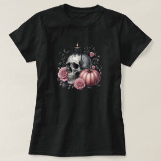 Pastell Gothiskt Dödskalleljus med Rosor och Pumpa T Shirt