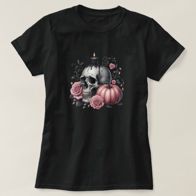 Pastell Gothiskt Dödskalleljus med Rosor och Pumpa T Shirt (Design framsida)