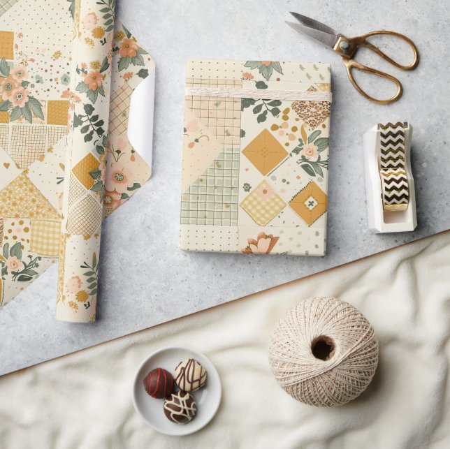 Pastell Gul Fersken Quilt Rutig Prickig  Presentpapper (Hantverk)