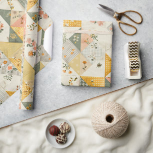 Pastell Gul Fersken Quilt Rutig Prickmönster Presentpapper