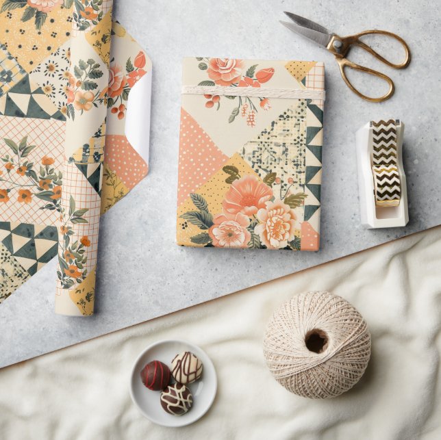 Pastell Gul Fersken Quilt Rutig Prickmönster  Presentpapper (Hantverk)