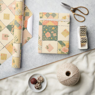 Pastell Gul Fersken Quilt Rutig Prickmönster Presentpapper