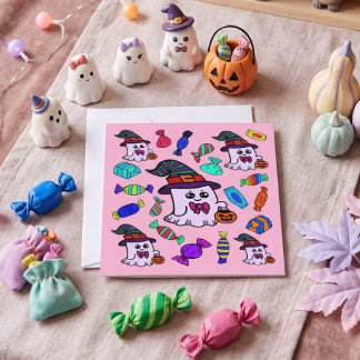 Pastell Halloween-godis & söta häxa-spöken mönster Kort