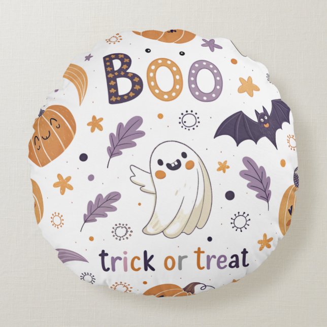 Pastell Halloween Rund Kudd – Boo & Spöken Kudde (Framsidan)