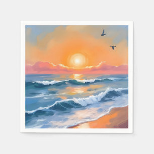 Pastell Hav Solnedgång Akvarell Strand Målning Pappersservett