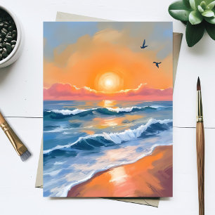 Pastell Hav Solnedgång Akvarell Strand Målning Vykort