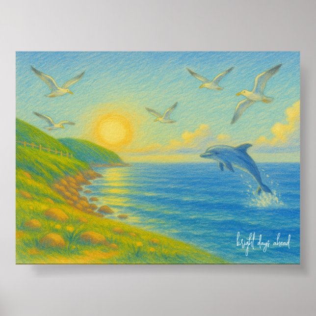 Pastell Hav Solnedgång Landskapsmålning Delfin Poster (Framsidan)