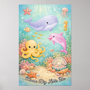 Pastell Hav Val Bläckfisk Sjöhäst Lila Flicka Poster