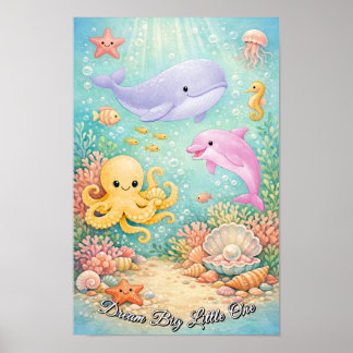 Pastell Hav Val Bläckfisk Sjöhäst Lila Flicka Poster