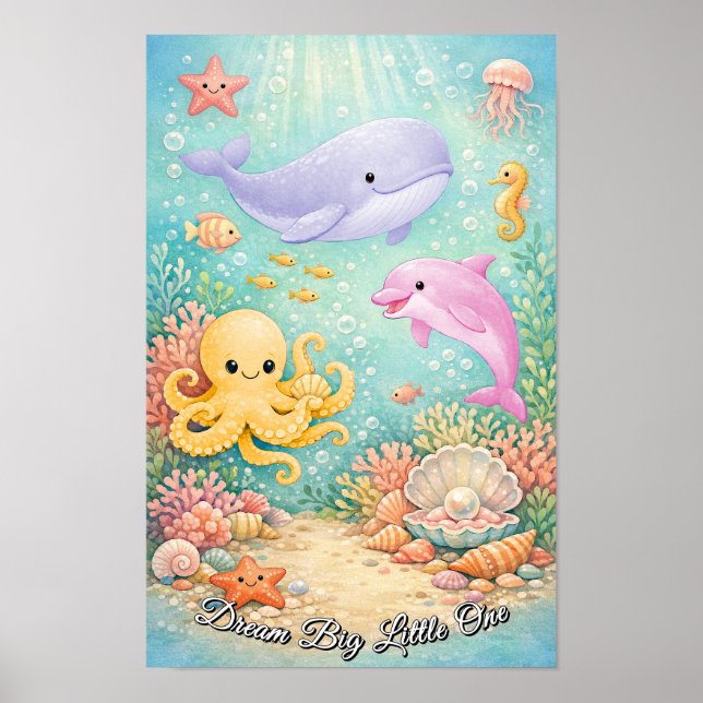 Pastell Hav Val Bläckfisk Sjöhäst Lila Flicka Poster (Framsidan)