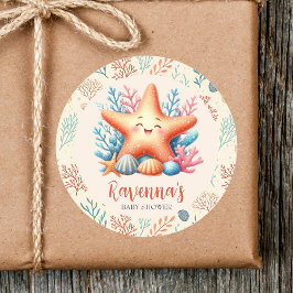 Pastell Havs Sjöstjärna Anpassat Namn Baby Shower Runt Klistermärke