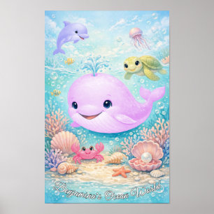 Pastell Havsdjur Flicka Val Delfin Sköldpadda Poster