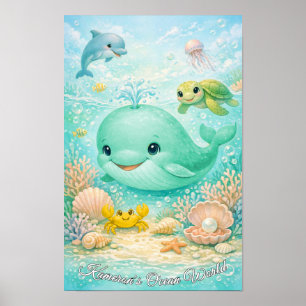 Pastell Havsdjur Neutral Val Dolphin Sköldpadda Poster