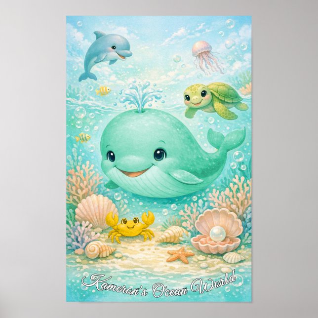 Pastell Havsdjur Neutral Val Dolphin Sköldpadda Poster (Framsidan)