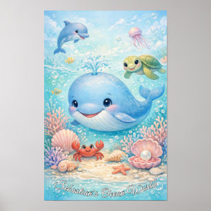 Pastell Havsdjur Pojke Blå Val Delfin Sköldpadda Poster