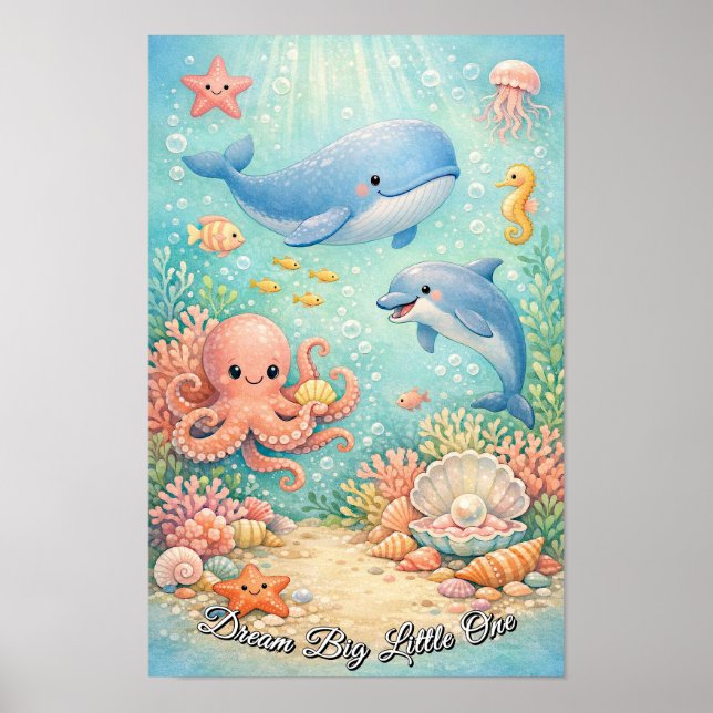Pastell Havsvalv Bläckfisk Sjöhäst Blå Pojke Poster (Framsidan)