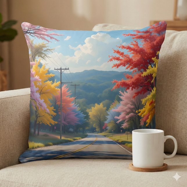 Pastell Höst Landsväg Akvarell Kudde (Pastel Autumn Country Road Watercolor Throw Pillow Mockup A)