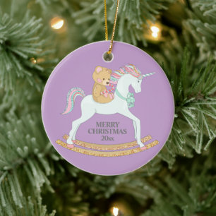 Pastell jul unicorn gunghäst på lila julgransprydnad keramik