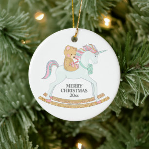 Pastell jul unicorn gunghäst på vit julgransprydnad keramik