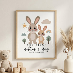 Pastell Kanin Mamma Baby Första Mors Dag Nursery Poster