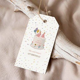Pastell Kanin Tvilling Flicka 1-års Födelsedagsfes Presentetikett