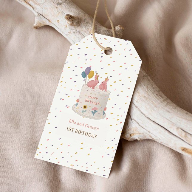 Pastell Kanin Tvilling Flicka 1-års Födelsedagsfes Presentetikett (Skapare uppladdad)