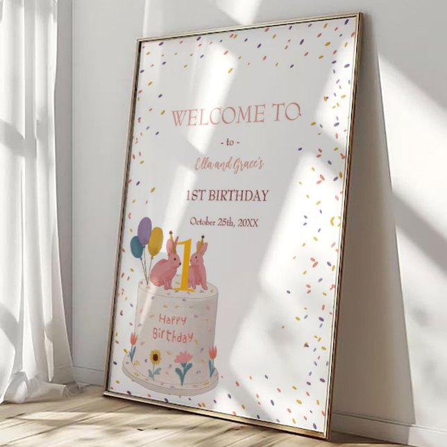 Pastell Kanin Tvilling Flicka 1-års Födelsedagsfir Poster (Skapare uppladdad)