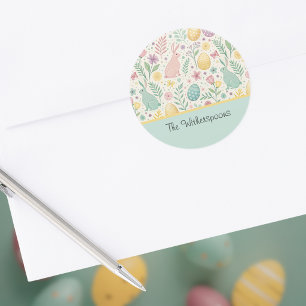 Pastell Kaniner Påskägg Ormbunkar och Mint Monogra Runt Klistermärke