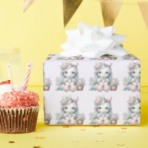 Pastell Kawaii Enhörning Docka med Blombukett Presentpapper