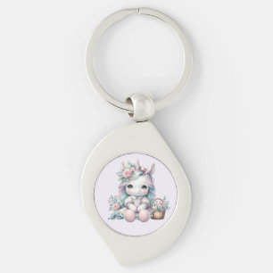 Pastell Kawaii Enhörning Docka med Blombukett Swirl Silverfärgad Nyckelring