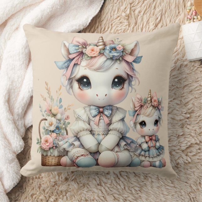 Pastell Kawaii Enhörning Mamma Dotter Duo Beige Kudde (Filt)