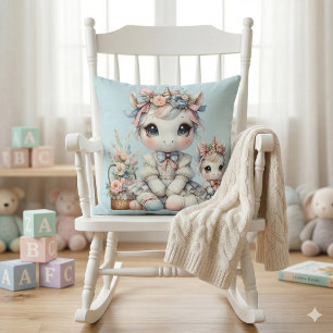 Pastell Kawaii Enhörning Mamma Dotter Duo Blå Kudde