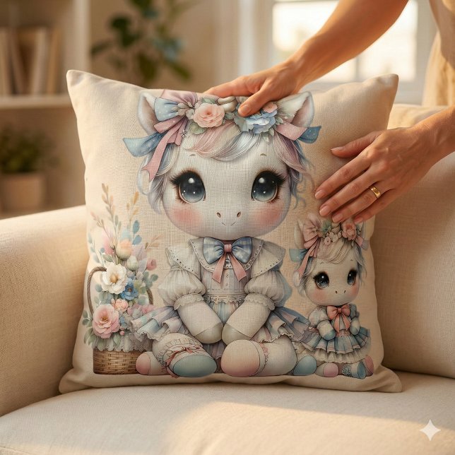Pastell Kawaii Enhörning Mor Dotter Duo Beige Kudde (Pastel Kawaii Unicorn Mother Daughter Duo Beige Throw Pillow Mockup C)