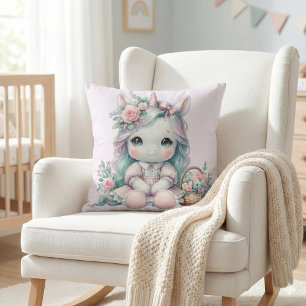 Pastell Kawaii Enhörningdocka med blombasket Kudde