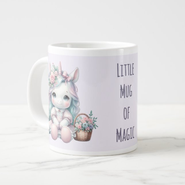 Pastell Kawaii Enhörningdocka med blomsterkorg Jumbo Mugg (Framsida vänster)