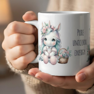 Pastell Kawaii Enhörningdocka med blomsterkorg Kaffemugg