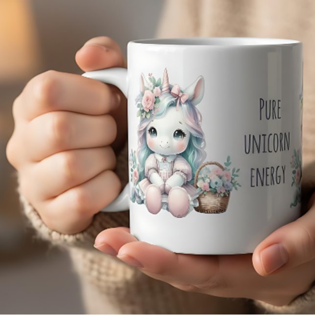 Pastell Kawaii Enhörningdocka med blomsterkorg Kaffemugg (Pastel Kawaii Unicorn Doll with Flower Basket Coffee Mug)