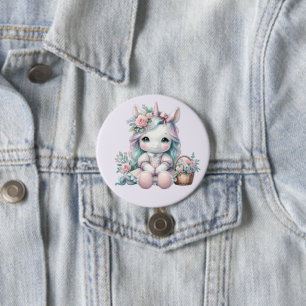 Pastell Kawaii Enhörningdocka med blomsterkorg Knapp