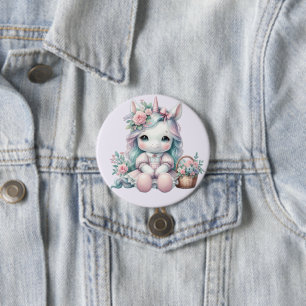 Pastell Kawaii Enhörningdocka med blomsterkorg Knapp