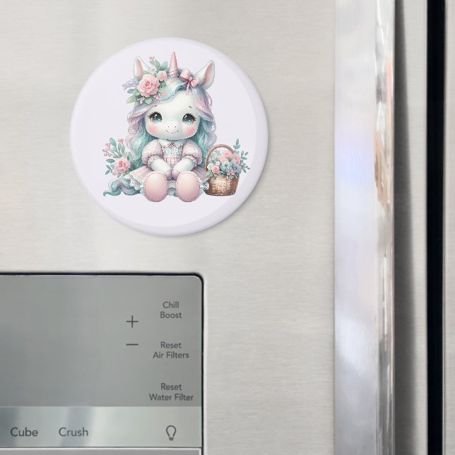 Pastell Kawaii Enhörningdocka med blomsterkorg Magnet (In Situ (Fridge))