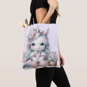 Pastell Kawaii Enhörningdocka med blomsterkorg Tygkasse