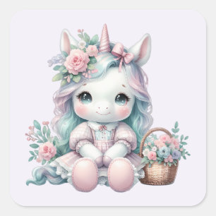 Pastell Kawaii Enhörningsdocka med blomsterkorg Fyrkantigt Klistermärke
