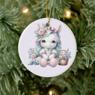 Pastell Kawaii Enhörningsdocka med blomsterkorg Julgransprydnad Keramik