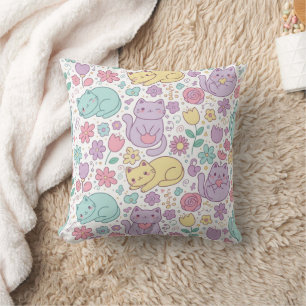 Pastell Kawaii Katter och Blommor Dekorativ Kudde