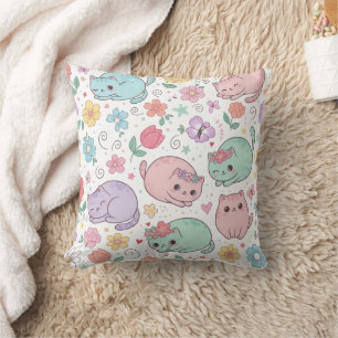 Pastell Kawaii Katter och Vårblommor Kastkudde Kudde