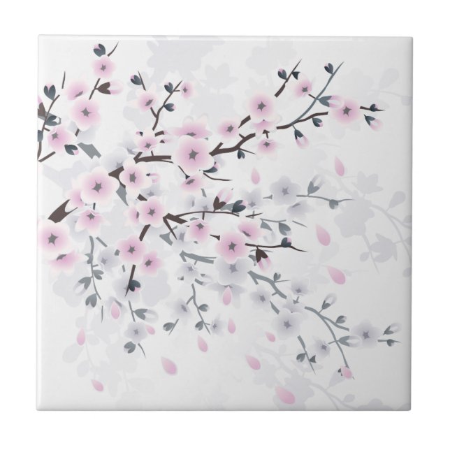 Pastell Körsbärsblom Floral Illustrativ Kakelplatta (Framsidan)